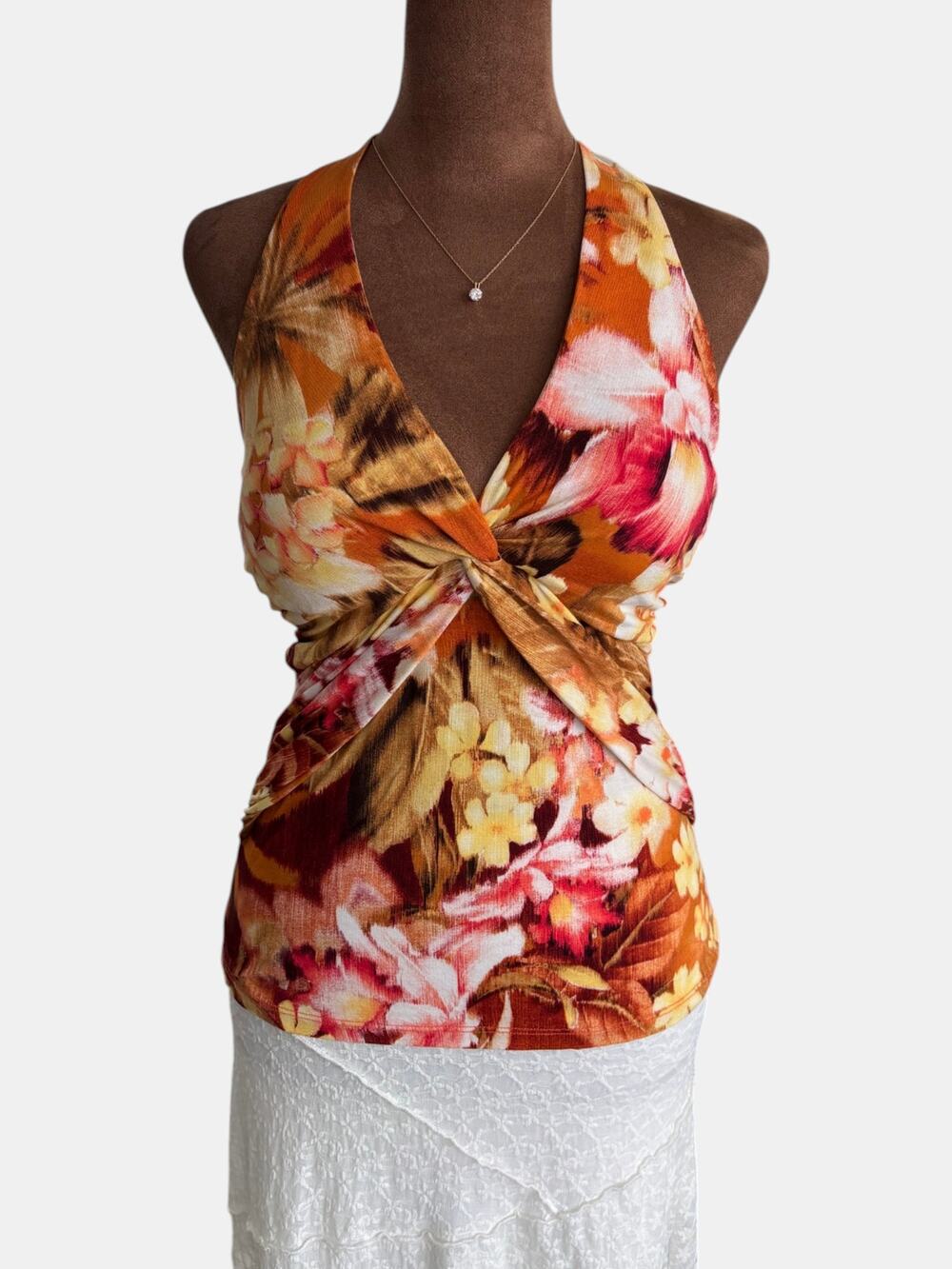 Y2K Style Bright Floral Tropical Print Halter Top Built in Cups 2000s Summer